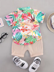 2pcs Baby Boys Cotton Flower Graphic Short Sleeve Casual Tees & Pants
