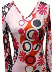 Floral Print Mini Dress V Neck Long Sleeve Casual Dress