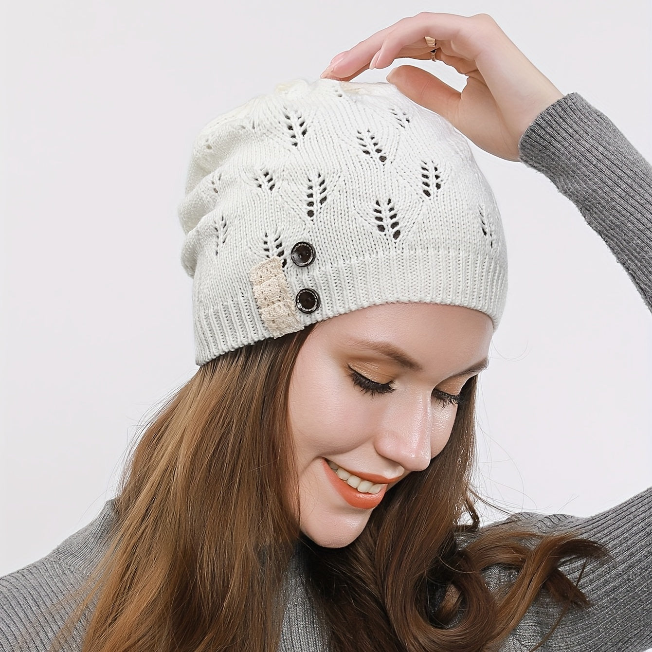 Women's Hollow Knit Beanie Hat Button Decor Warm Cap