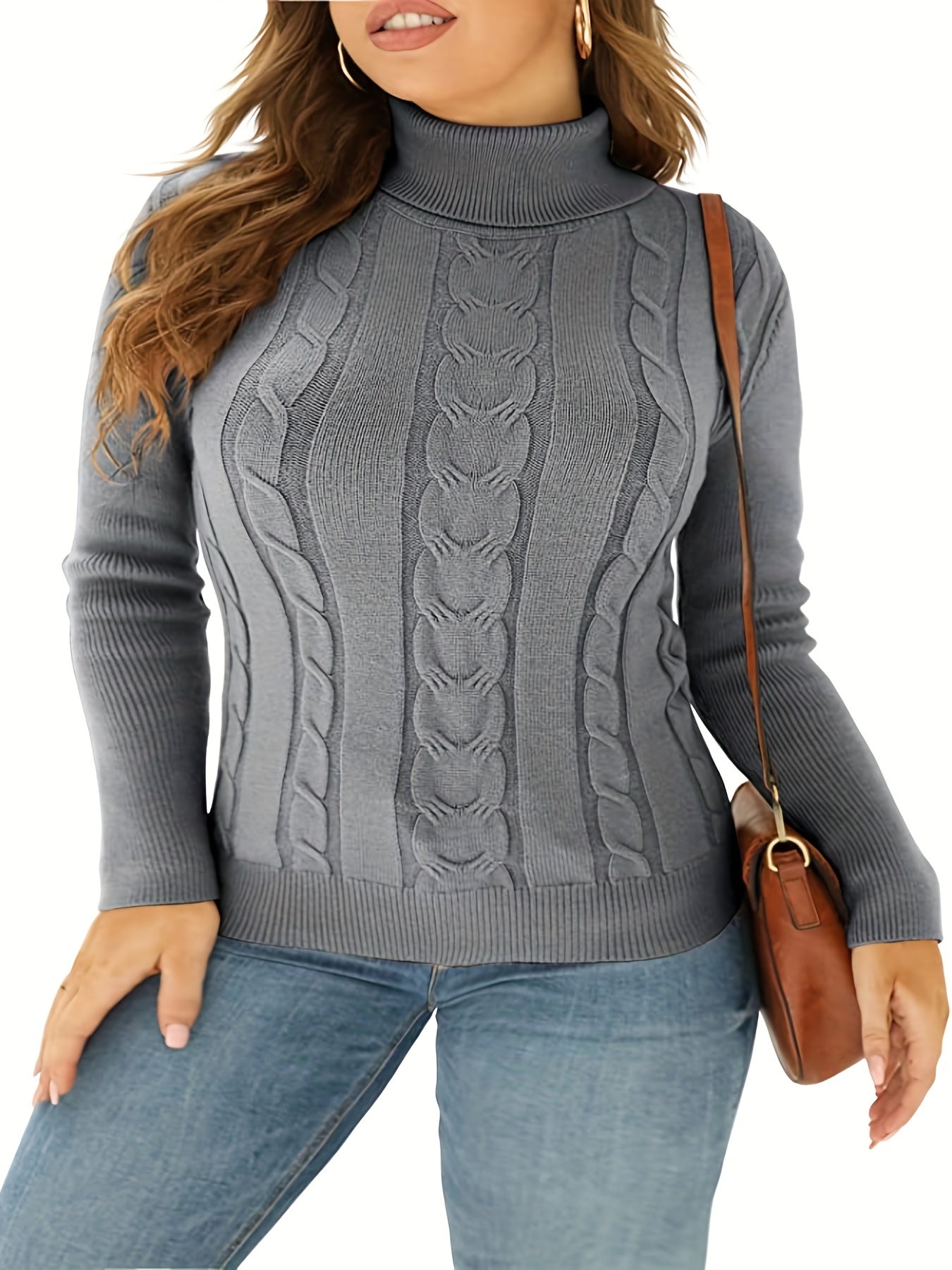 Casual Solid Jacquard Turtle Neck Stretch Sweater