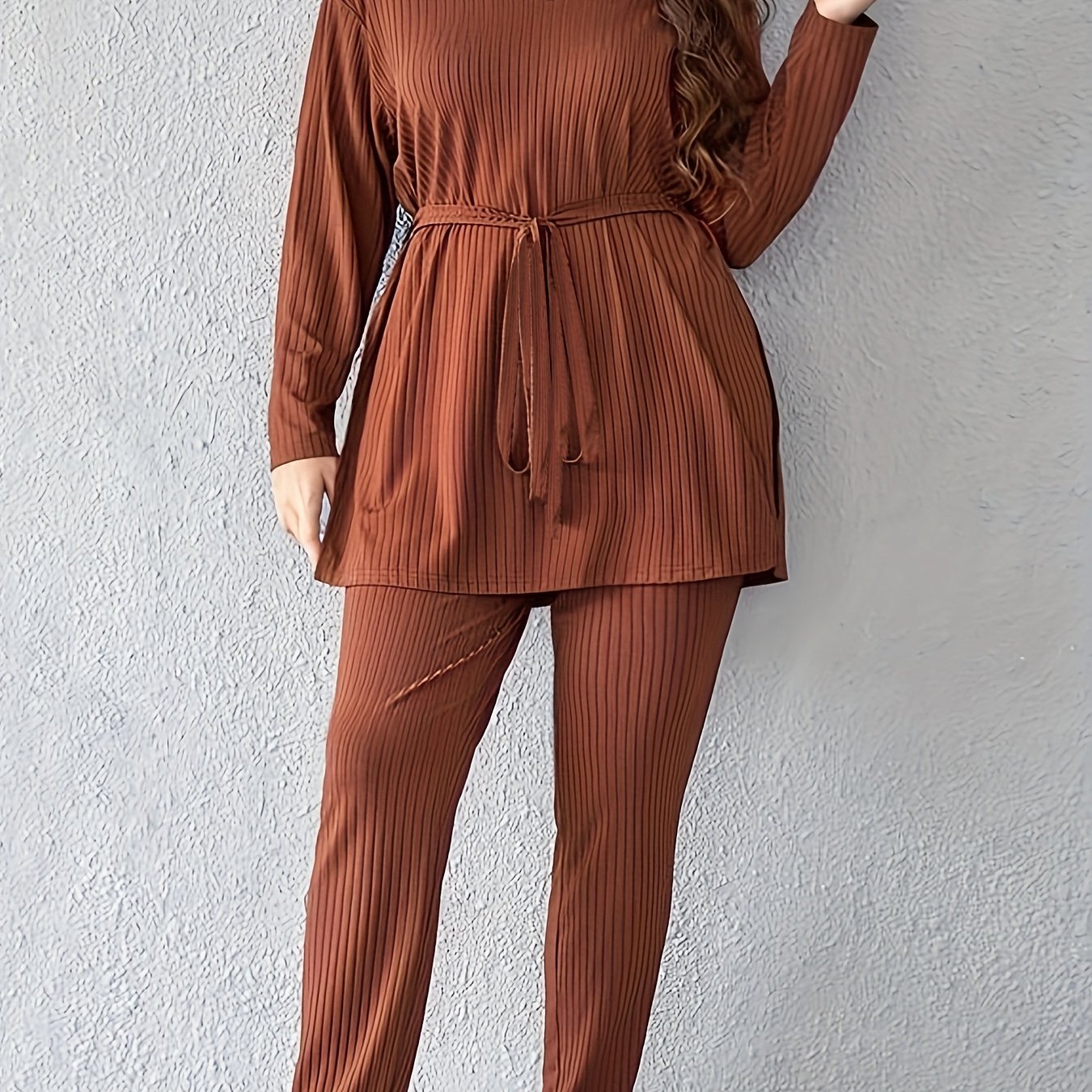 Ribbed Knit Lounge Set V Neck Top & Pants Pajama Set