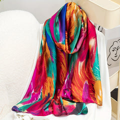Women Colorful Feathers Print Oblong Scarf Multicolored Head Wrap Silky Shawl