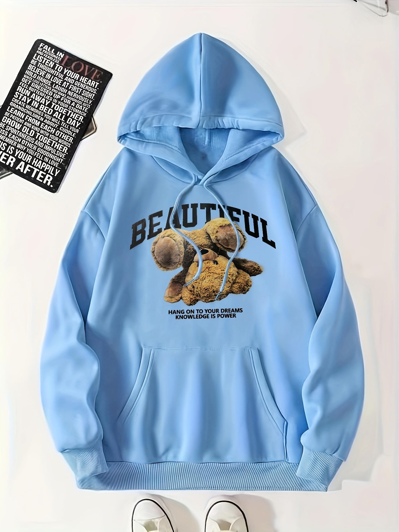 Bear Print Kangaroo Pocket Hoodie Casual Long Sleeve Drawstring Hoodies