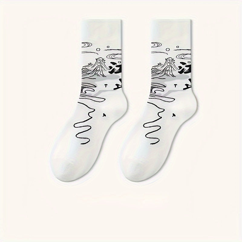 5 Pairs Graffiti Print Socks Comfy Mid Tube Stockings Women's Hosiery