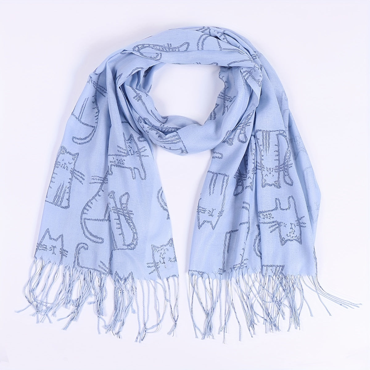 Cartoon Cat Print Tassel Scarf Solid Shawl Casual Windproof Head Wrap Women