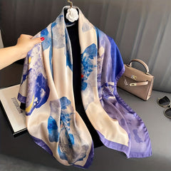 Vintage Flower Print Satin Shawl Square Scarf