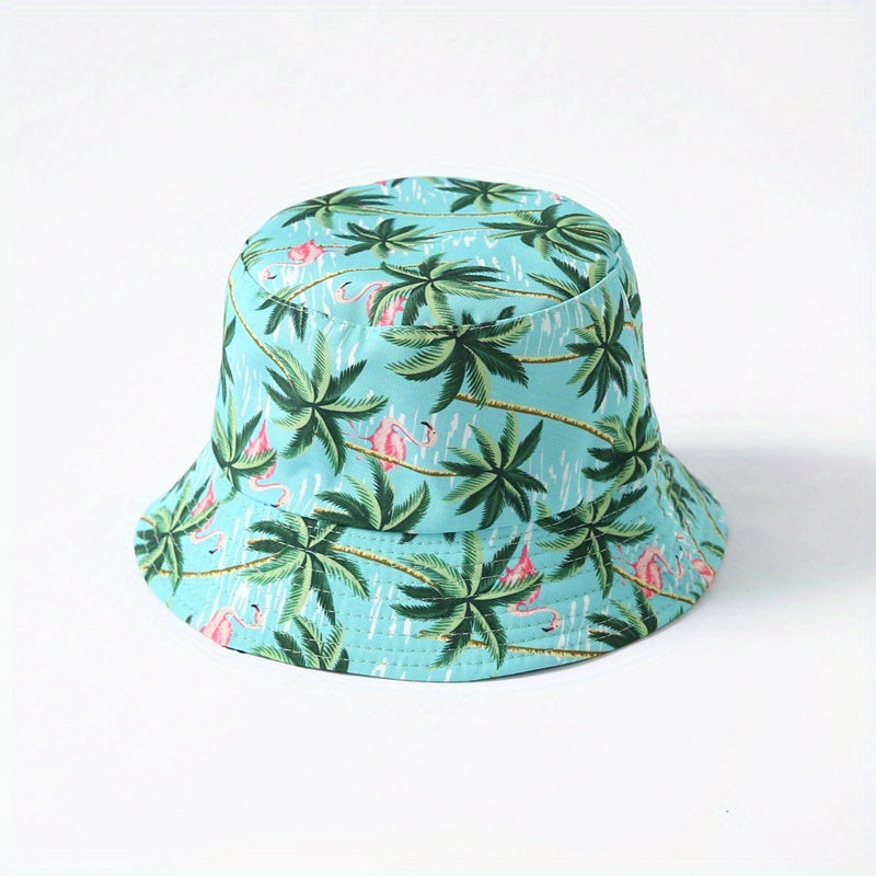 Flamingo Coconut Tree Bucket Hat Lake Cartoon Print Fisherman Cap