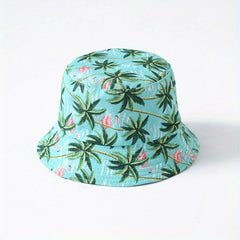 Flamingo Coconut Tree Bucket Hat Lake Cartoon Print Fisherman Cap
