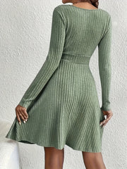 Solid Ribbed Long Sleeve Midi Dress