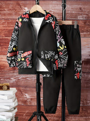 Street Style Boy's Graffiti 2pcs Jacket & Cargo Pants Set