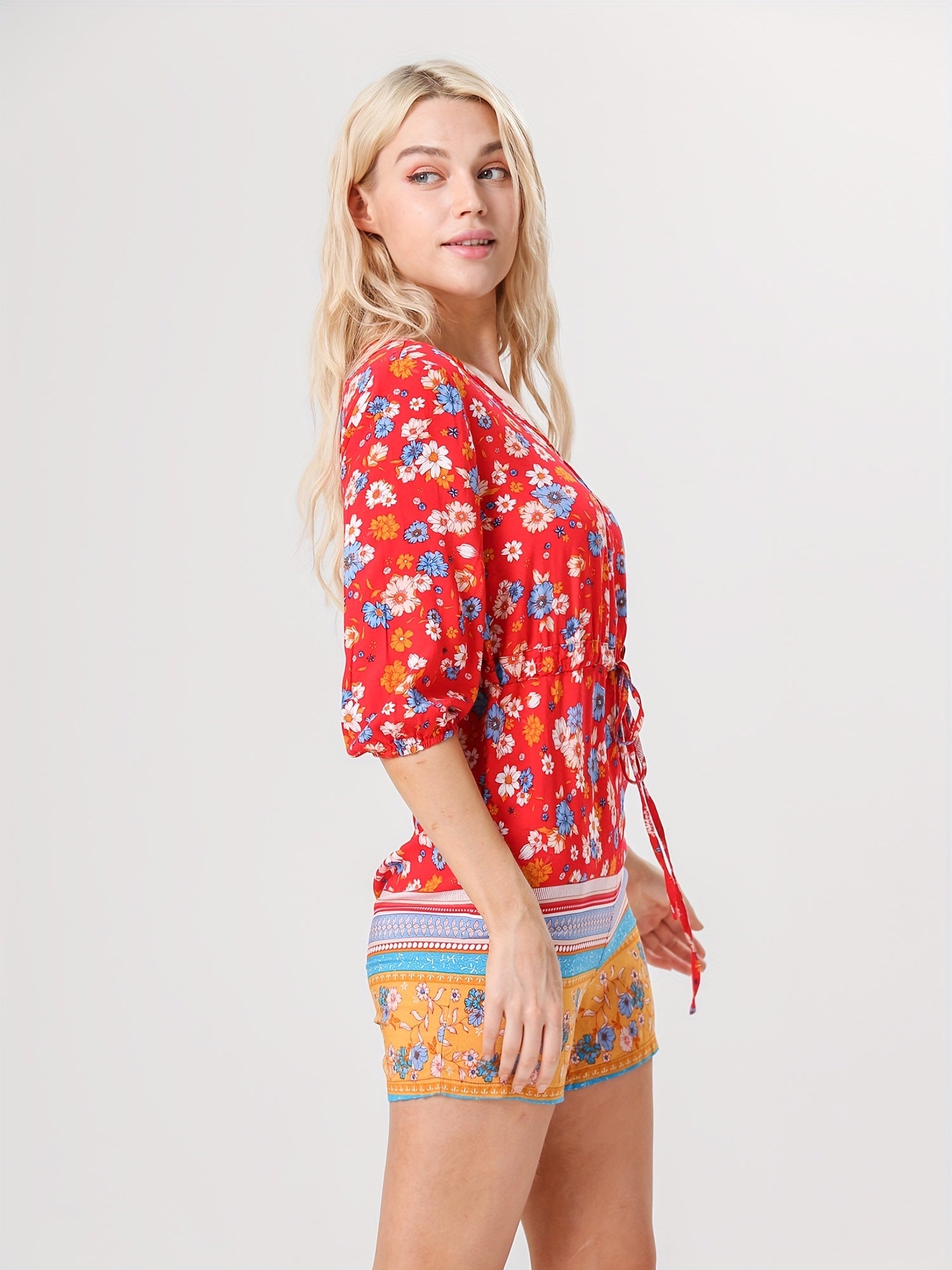 Floral Print Drawstring Waist Romper Jumpsuit Casual Half Sleeve Button Romper