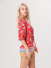 Floral Print Drawstring Waist Romper Jumpsuit Casual Half Sleeve Button Romper