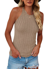 Ribbed Tank Top Crew Neck Sleeveless Summer Top