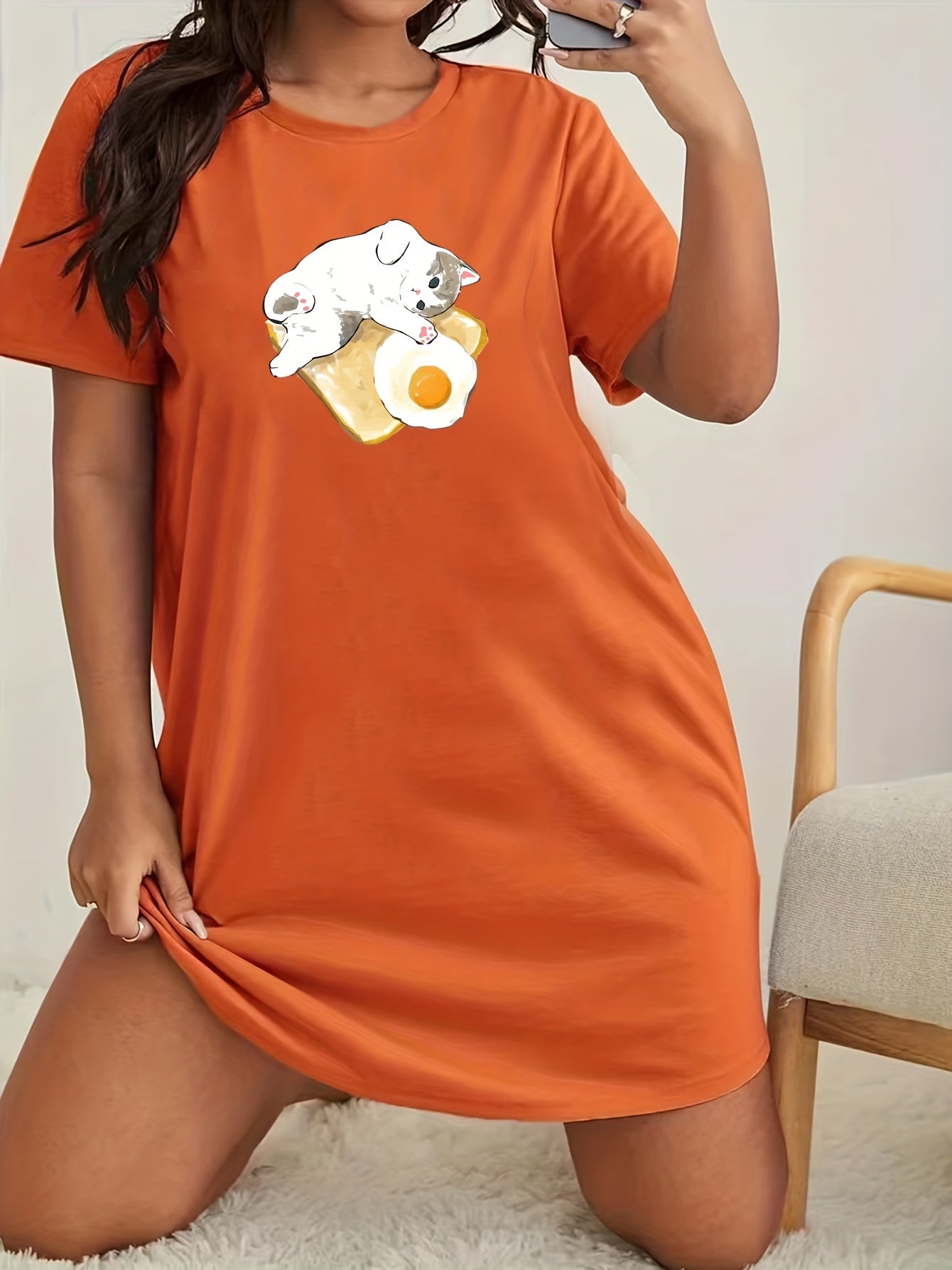 Cat Print Lounge Dress Short Sleeve Nightdress
