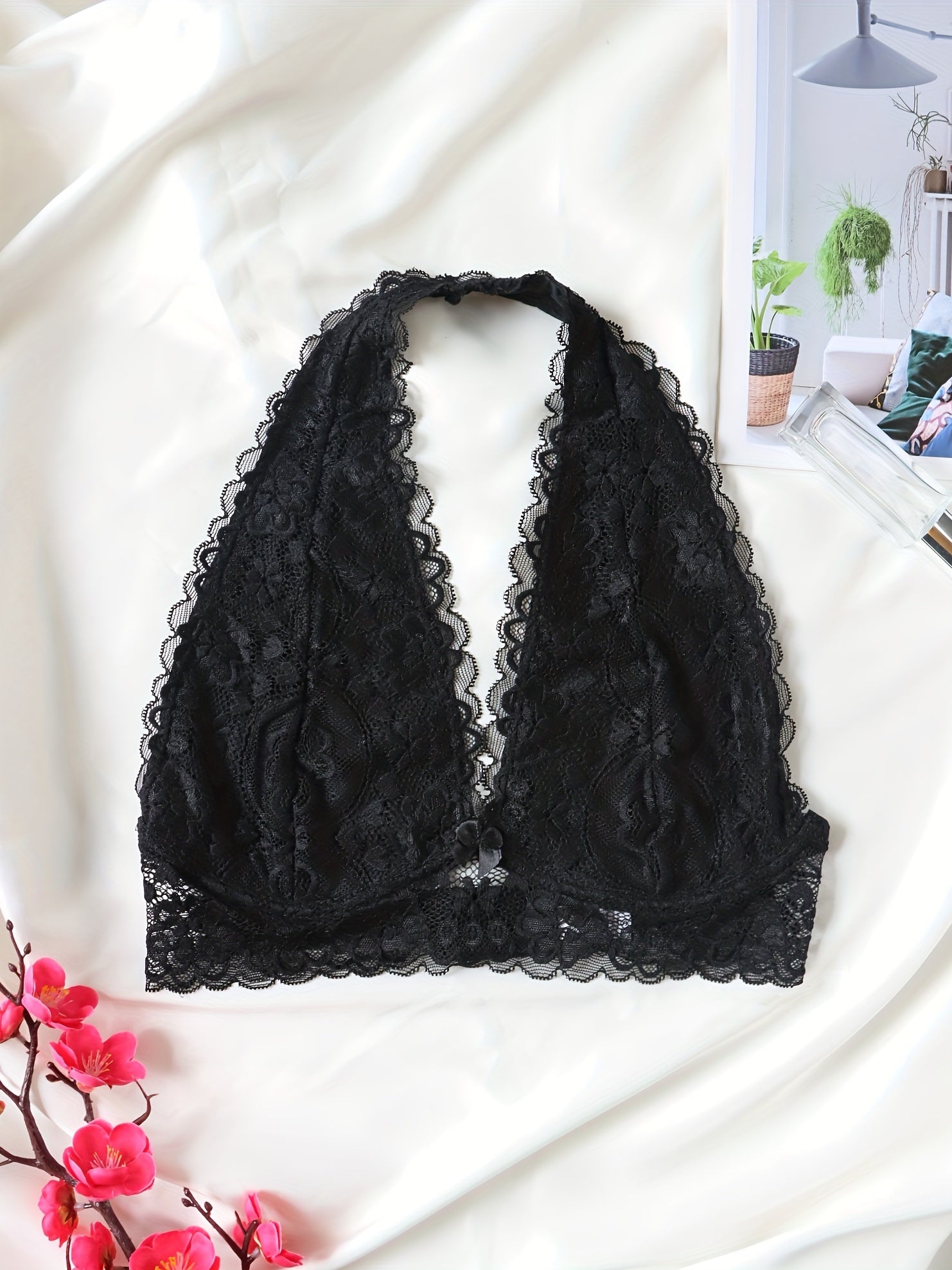 Floral Lace Halter Bralette Wireless Lingerie with Removable Padded Crop Top