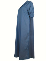Solid Roll Up Sleeve Maxi Dress