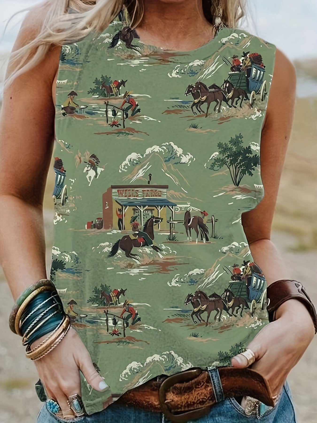 Cartoon Figure Cactus Print Tank Top Round Neck Medium Stretch Tank