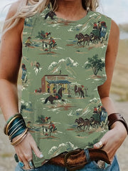 Cartoon Figure Cactus Print Tank Top Round Neck Medium Stretch Tank