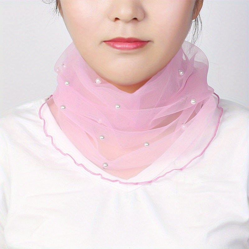 Faux Pearl Decor Mesh Scarf Solid Thin Veil Infinity Scarf