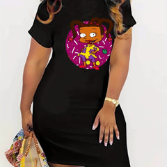 Casual Dress Women's Plus Cartoon Figure Print Short Sleeve