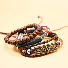 3 Pcs Pack Vintage Woven Bracelet Metal & Wooden Beads Charm Punk