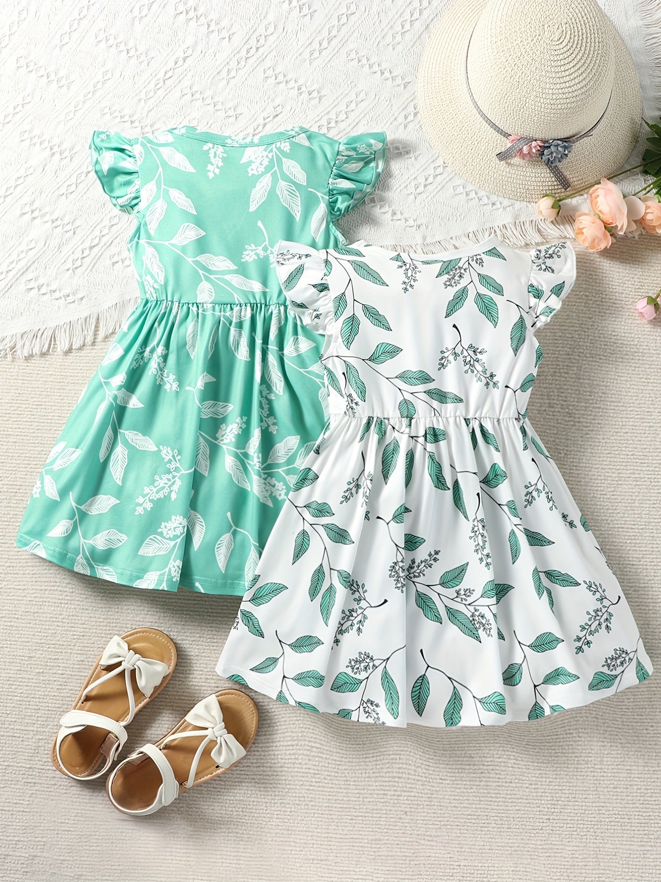 2pcs Toddler Girls Ruffle Trim Leaf Graphic Dress for Party Beach Vacation
