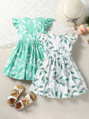 2pcs Toddler Girls Ruffle Trim Leaf Graphic Dress for Party Beach Vacation