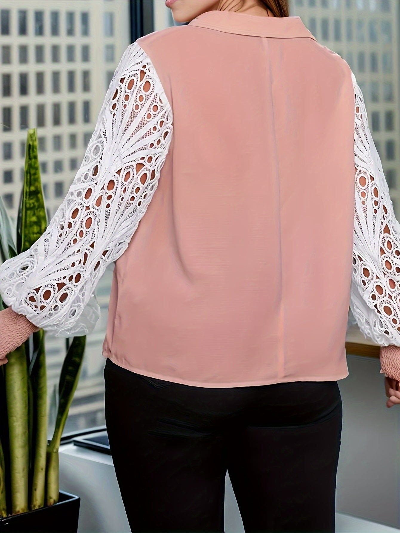 Casual Blouse Women's Plus Colorblock Contrast Lace Lantern Sleeve