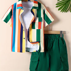 2pcs Boys Teen Casual Striped Shirt & Shorts Set for Summer