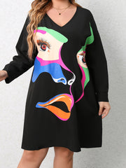 Colorblock Abstract Figure Print Long Sleeve V Neck Dress