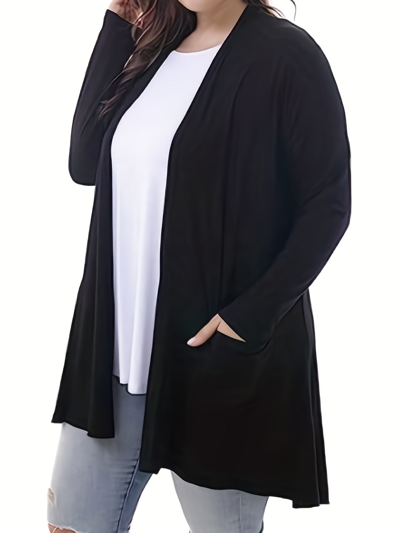 Solid Long Sleeve Open Front Cardigan With Pockets