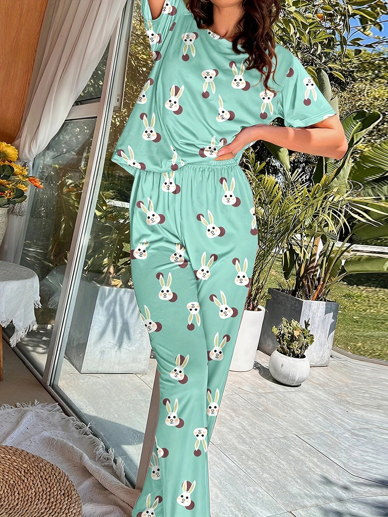 Bunny Print Pajama Set Short Sleeve Crew Neck Top & Pants Women's Sleepwear