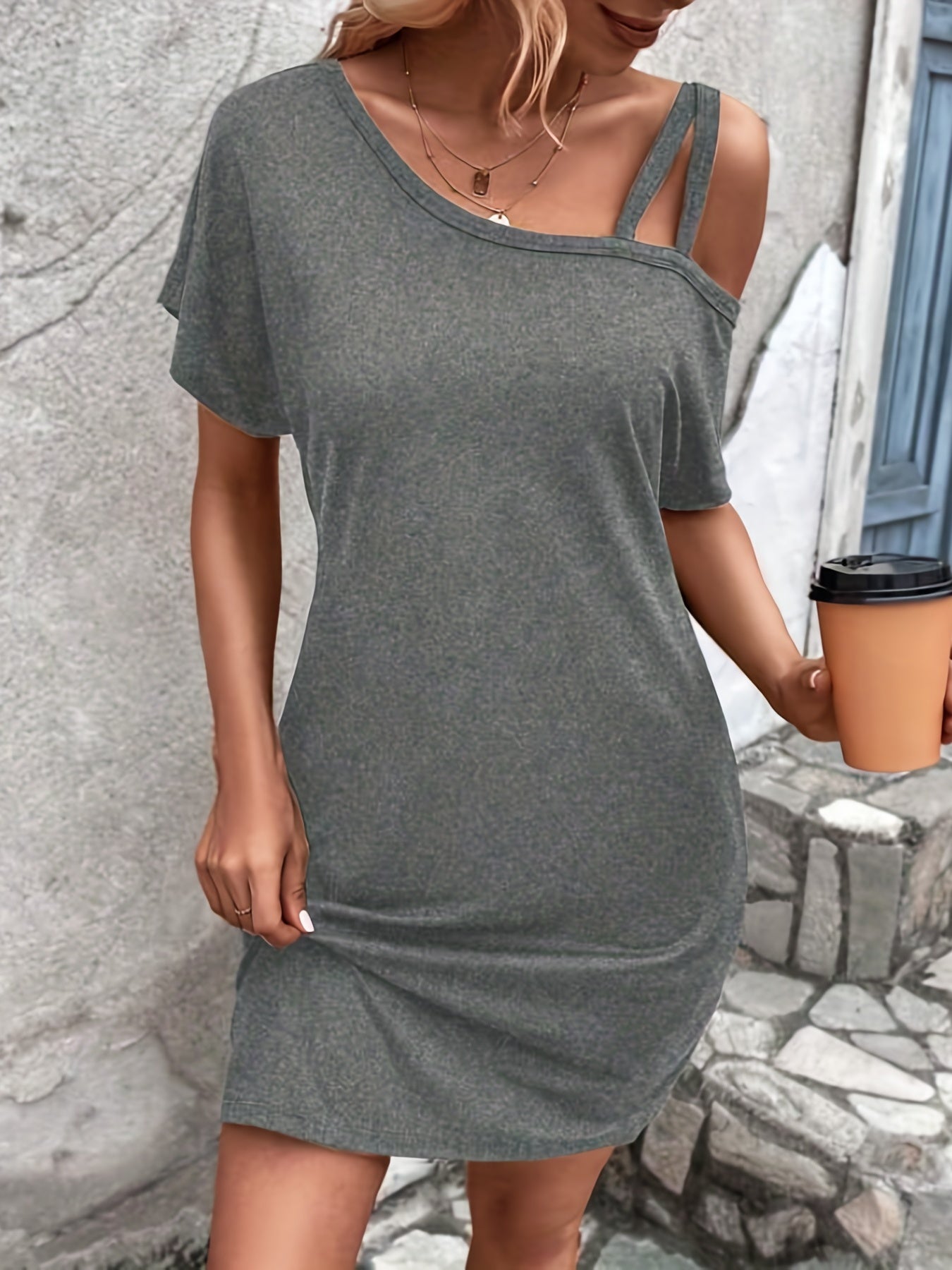 Slanted Shoulder Casual Mini Dress Short Sleeve