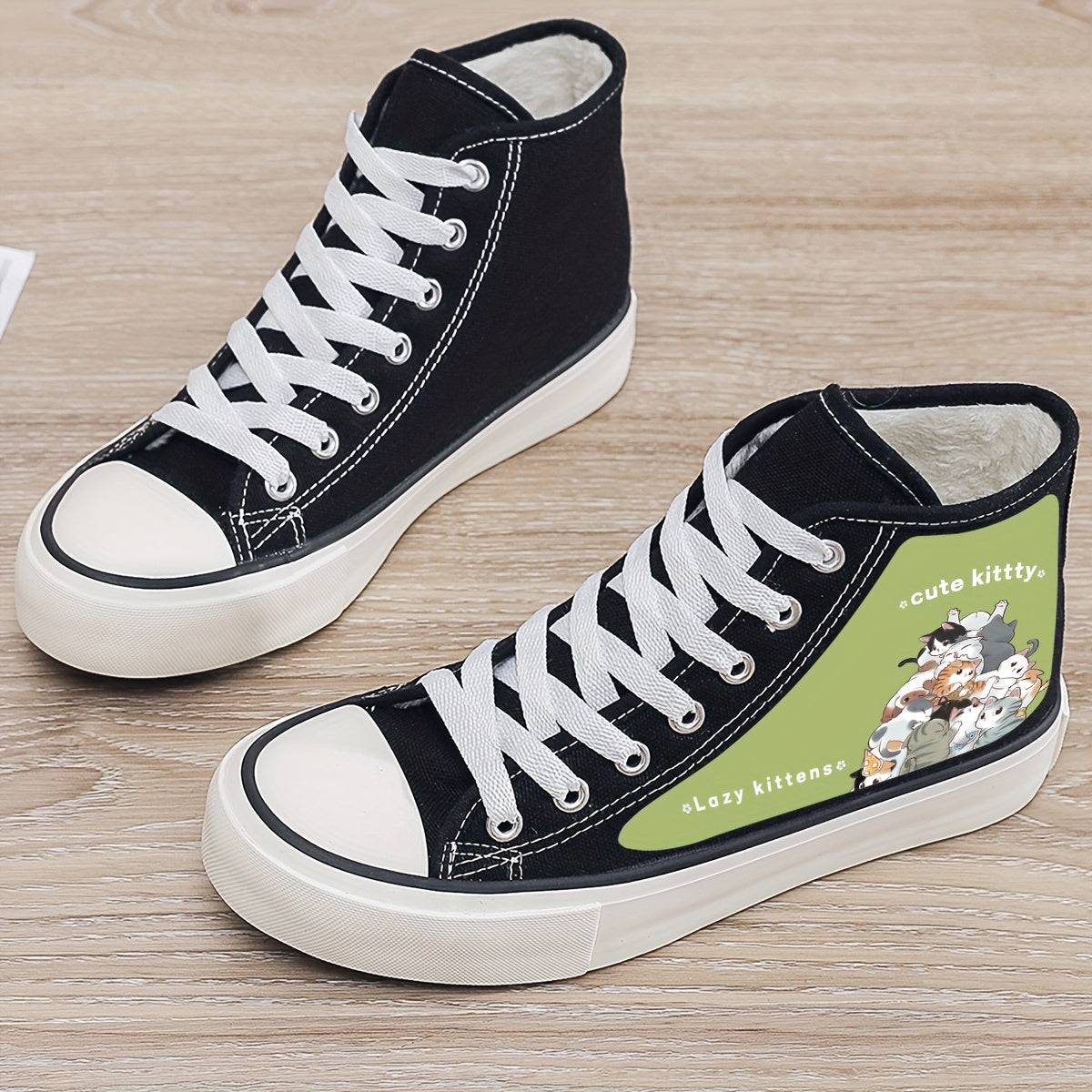 Kitten Print Plush Lined Chunky Canvas Sneakers