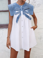 Patchwork Denim Dress Sleeveless Flower Button Women's Clothing