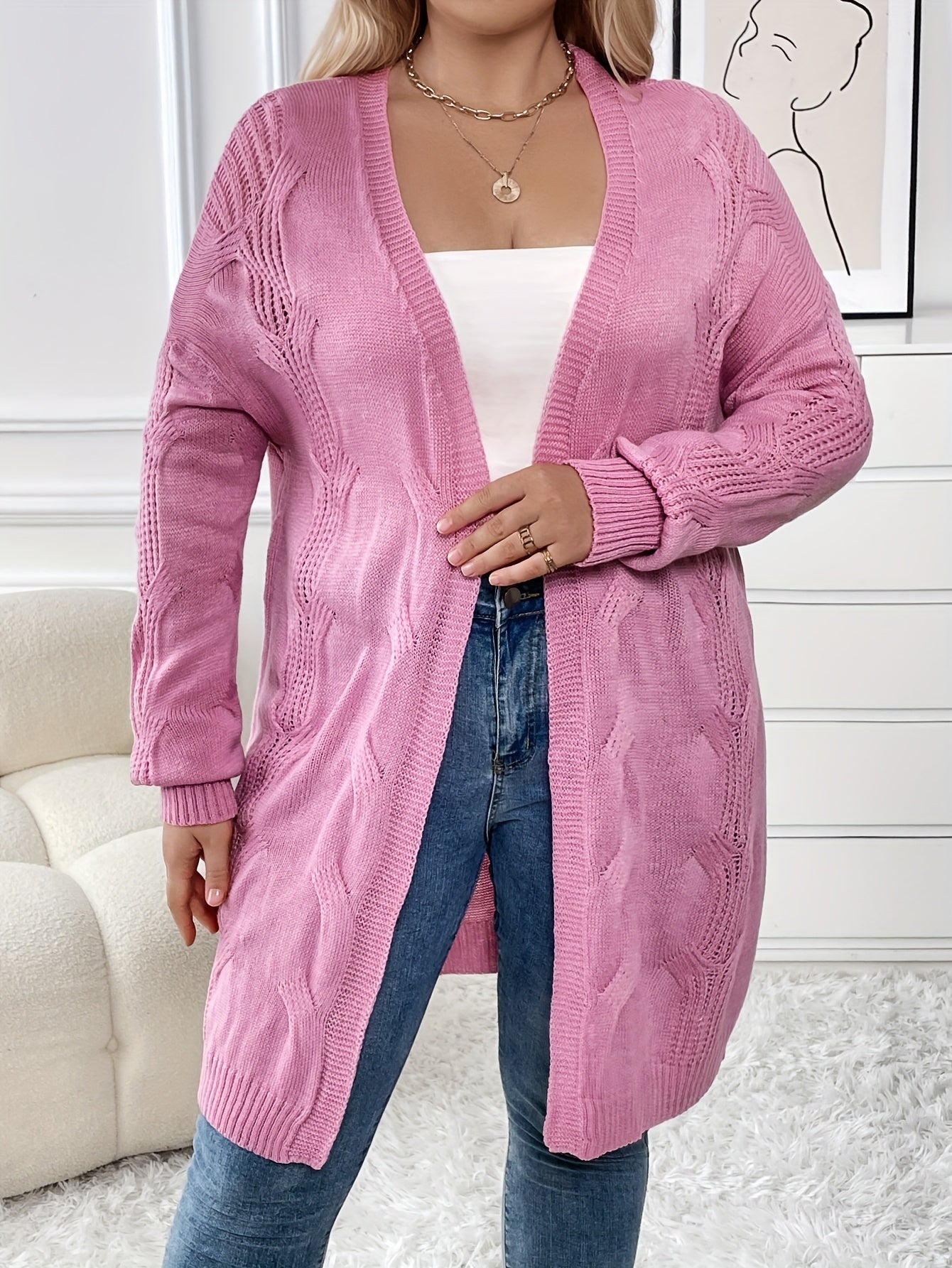 Casual Cardigan Women's Plus Solid Jacquard Long Sleeve Open Front
