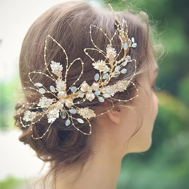Crystal Leaf Bridal Headband Hand Woven Bridal Headdress