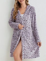 Leopard Hooded Fuzzy Night Robe Warm Long Sleeve Robe