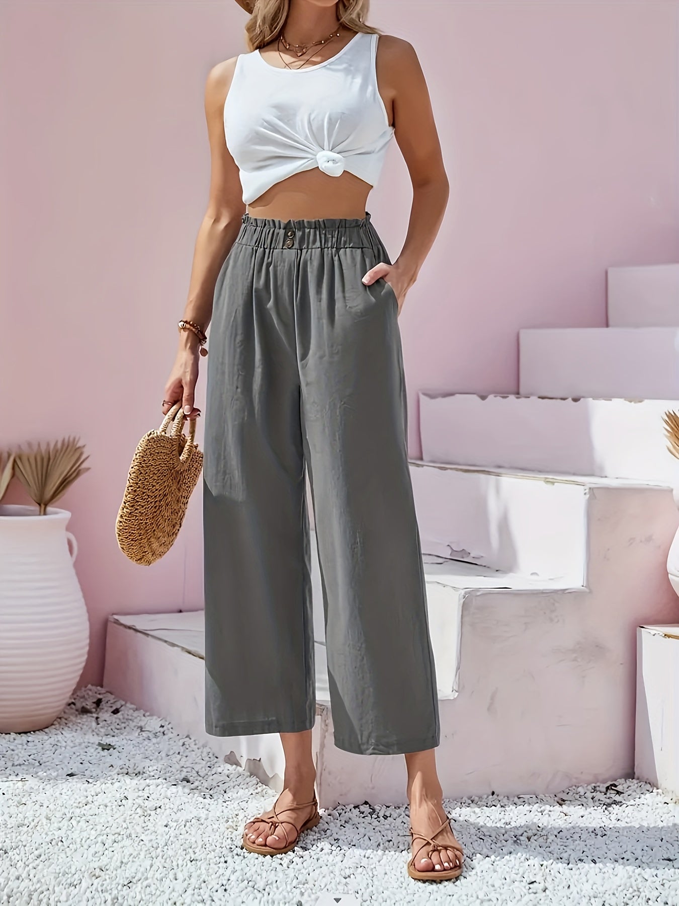 Wide Leg Trousers with Pockets - Elastic High Rise