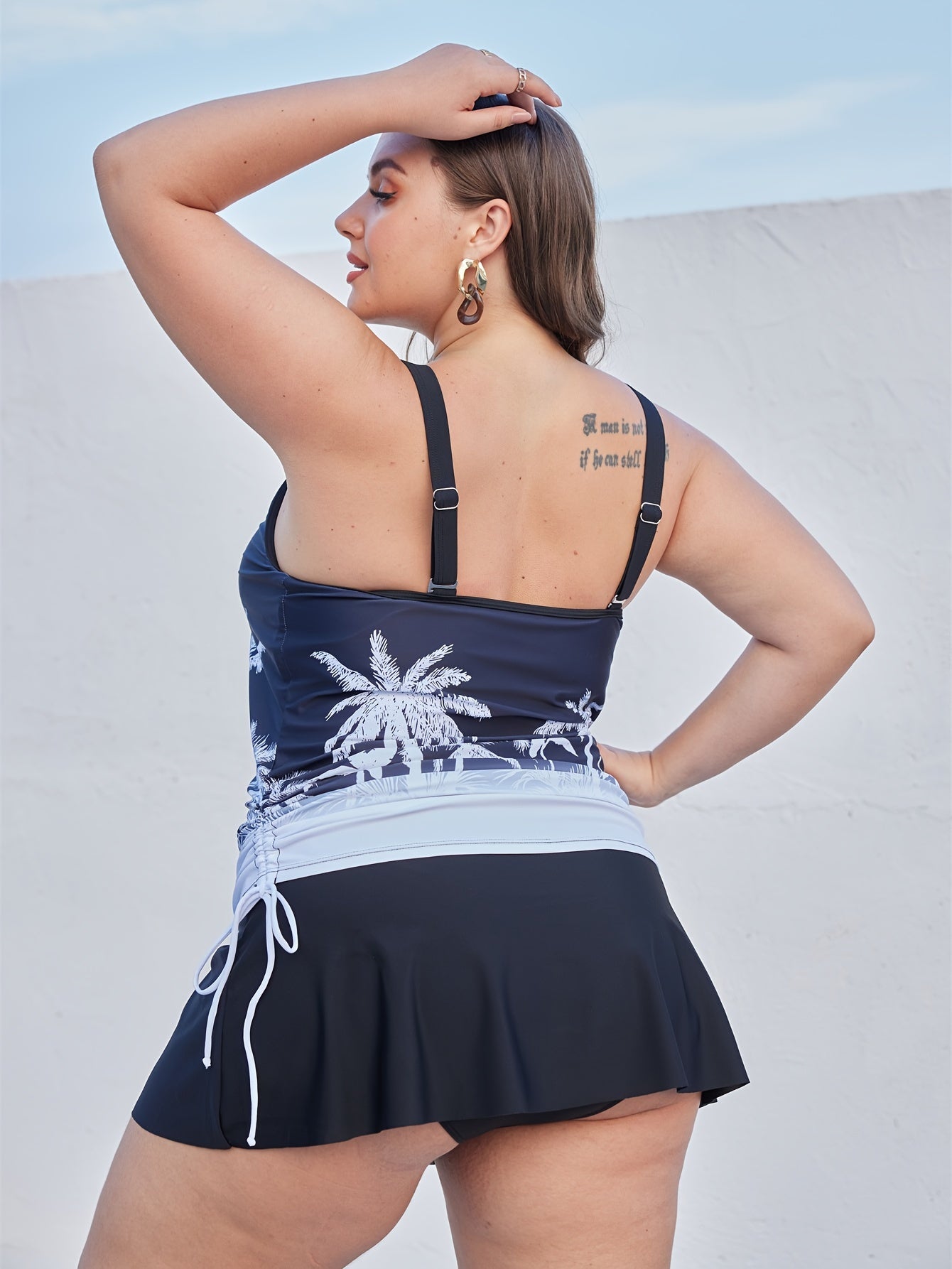Tropical Print Tankini Set Lace Up Cami Top & Skirt Swimsuit