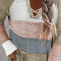 Casual Sweater Women's Plus Colorblock Hollow Out Hooded Jumper