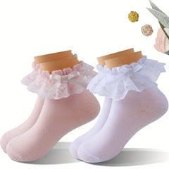 Girls Lace Brim Socks Bow Decor Knit Crew Socks