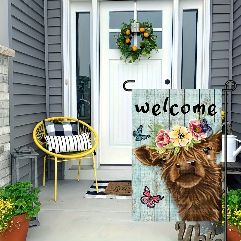 Welcome Highland Cow Garden Flag Burlap Rustic Farmhouse Highland Cow