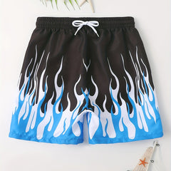 Boy's Fire Pattern Swim Trunks Elastic Waist Beach Shorts