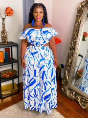 Two Piece Set Off Shoulder Print Crop Top & High Rise Maxi Skirt