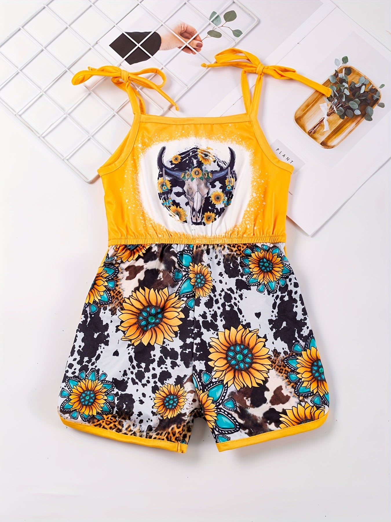Toddler Girls Sunflower Leopard & Bull Head Cami Romper Jumpsuit