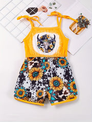 Toddler Girls Sunflower Leopard & Bull Head Cami Romper Jumpsuit