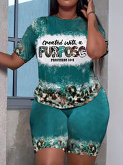 Leopard Print Two piece Set Short Sleeve T shirt & High Waist Shorts
