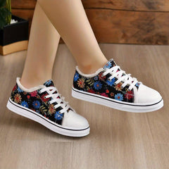 Women's Floral Pattern Flat Canvas Lace Up Low Round Toe Raw Trim Shoes