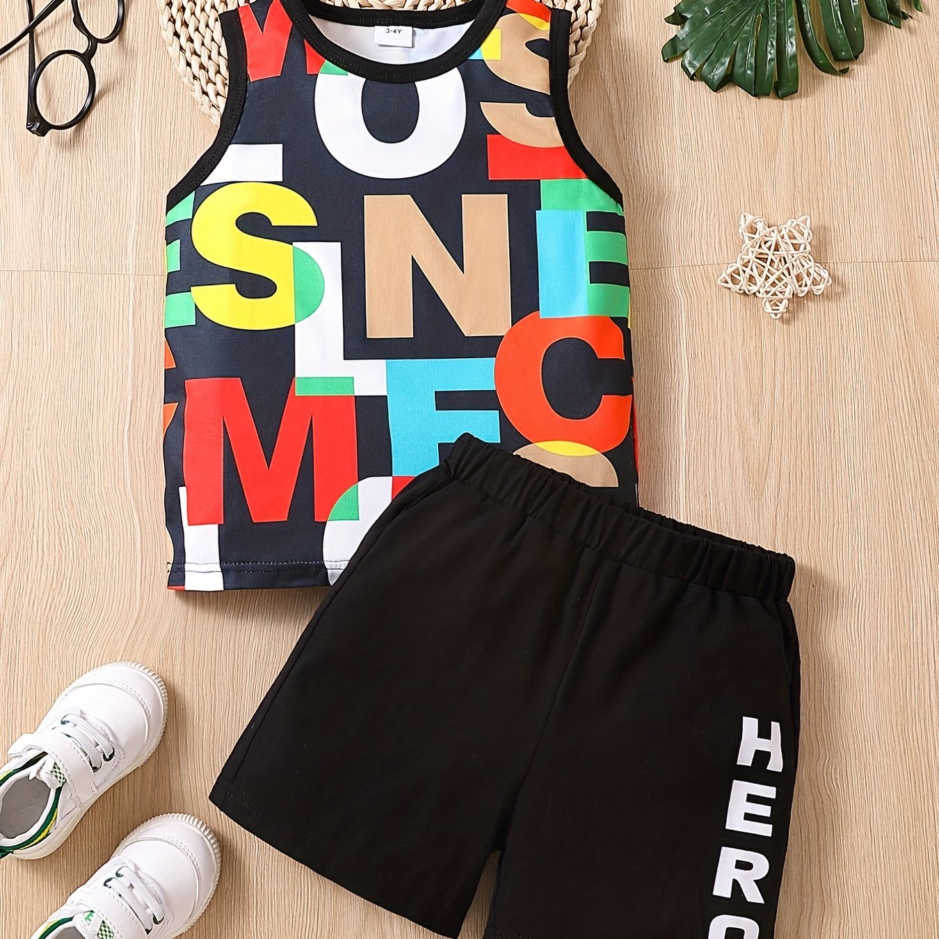 Boys Letter Pattern Casual Outfit Tank Top & Shorts Set